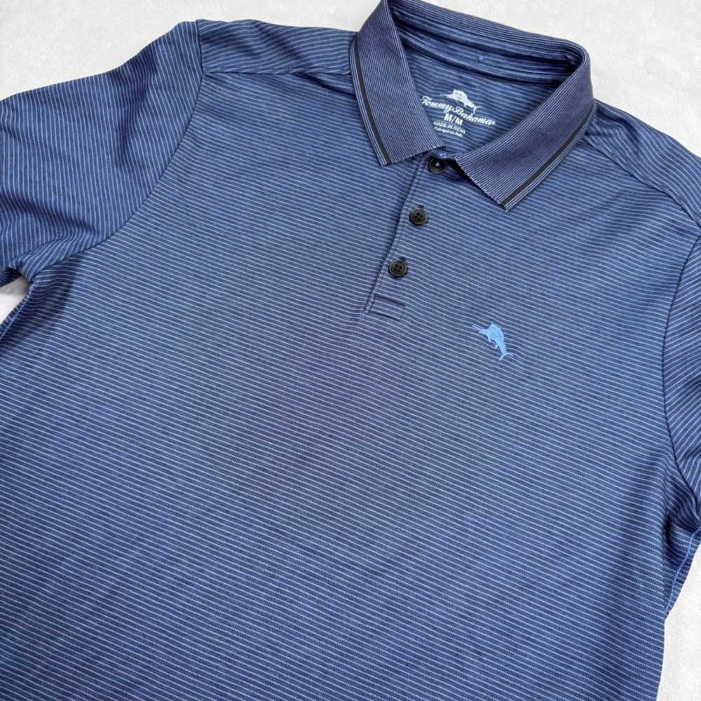Tommy Bahama Mens Blue Striped Polo Shirt Marlin Logo‎ ST226364TX Medium